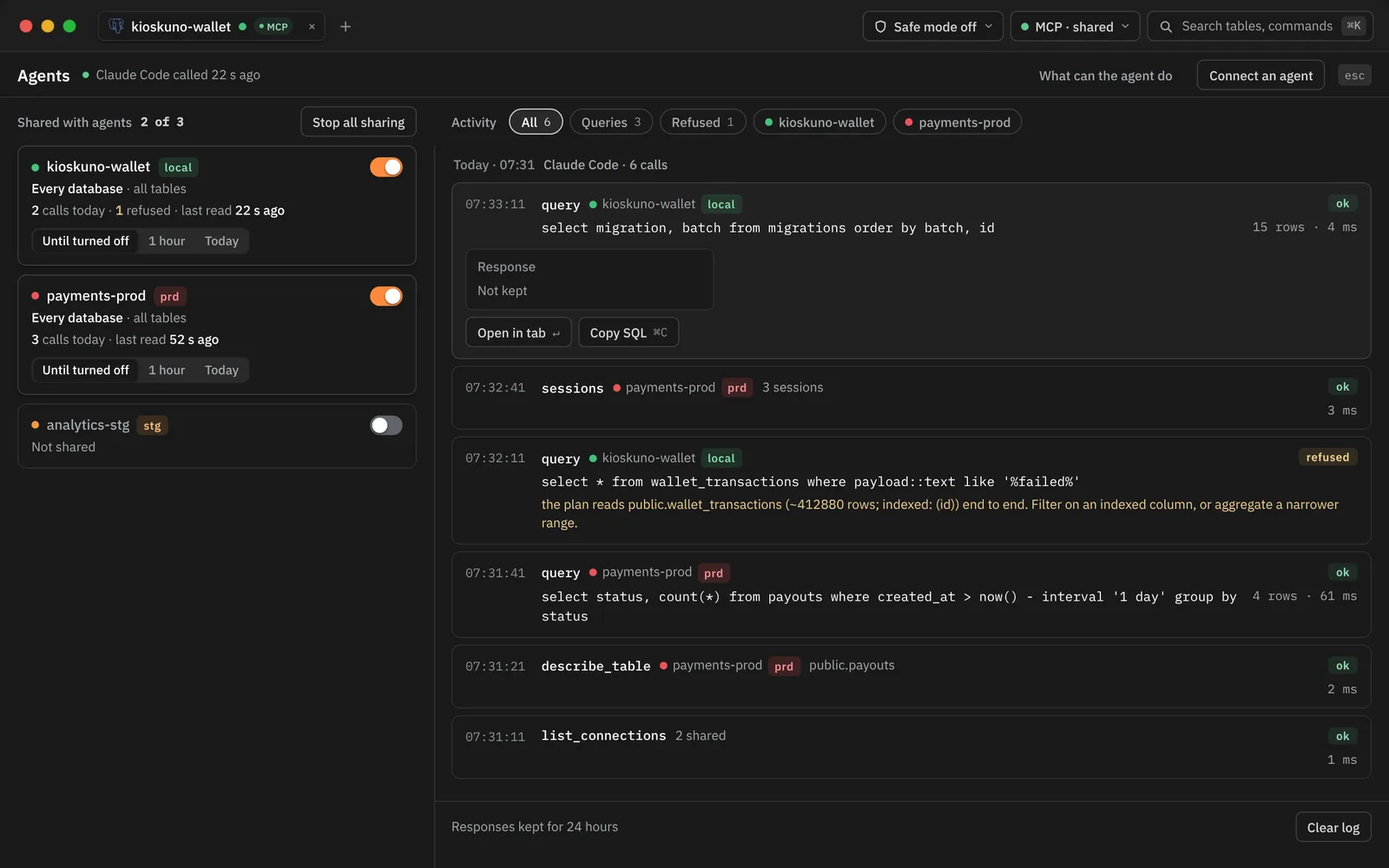 The Agents page: three connections on the left with their sharing switches, the activity log on the right with queries, one refused.