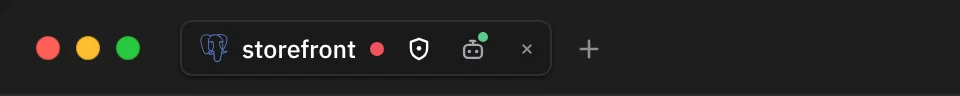 The title bar: the shown storefront pill with its safe mode shield and an agent mark with a green dot, then +.