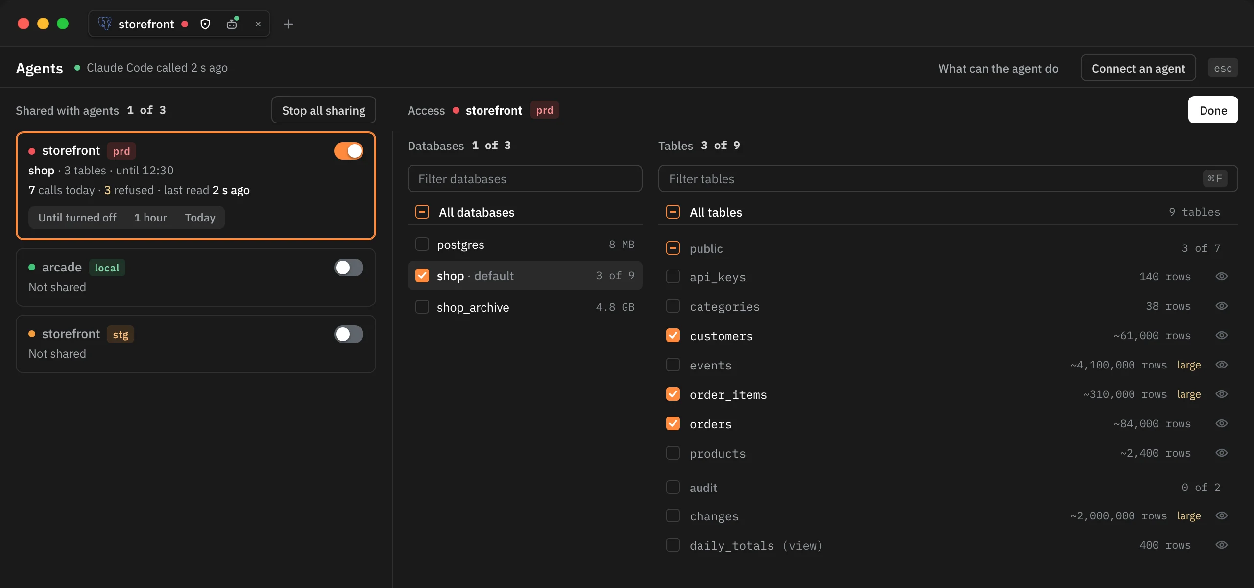 Edit access for storefront prd: three databases with shop ticked as the default and 3 of 9 tables shared; the tables of shop by schema, customers, order_items and orders ticked, events and changes tagged large, daily_totals marked as a view.