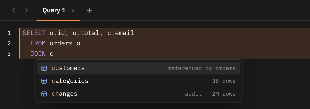 Completion after JOIN in a query on orders: customers comes first, marked referenced by orders, then categories with 38 rows and changes from the audit schema with 2M rows.