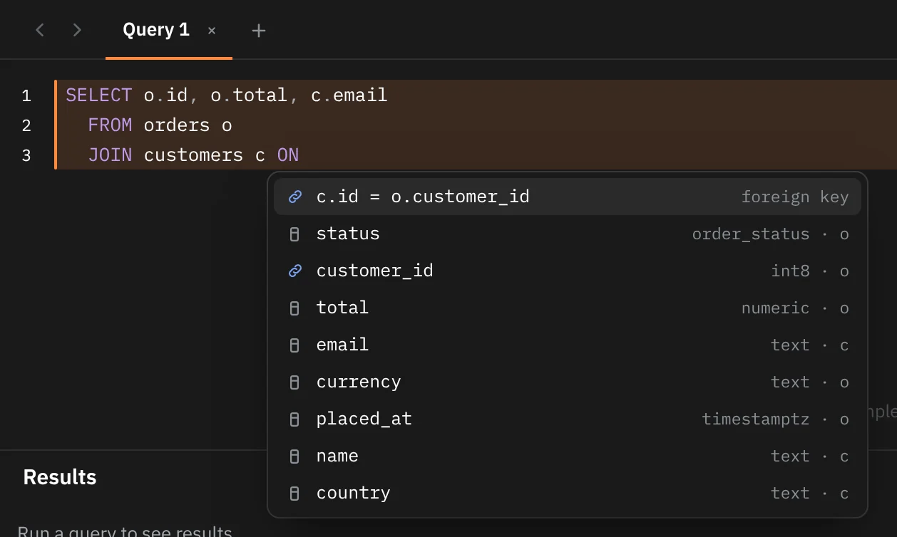 Completion after ON: the first row is c.id = o.customer_id marked foreign key, followed by columns of both tables, each with its type and table alias.