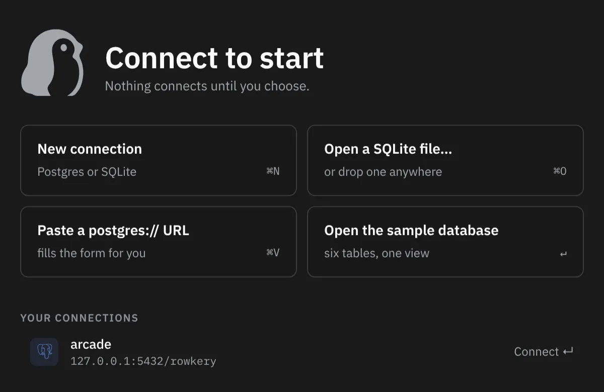 Connect to start: New connection, Open a SQLite file, Paste a postgres URL and Open the sample database, with a saved connection below.