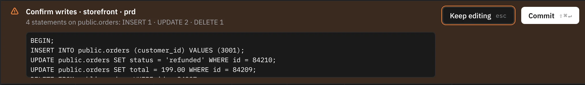 The Confirm writes strip for storefront on prd: 4 statements on public.orders: INSERT 1, UPDATE 2, DELETE 1, the transaction's SQL, and the buttons Keep editing esc and Commit ⇧⌘↵.