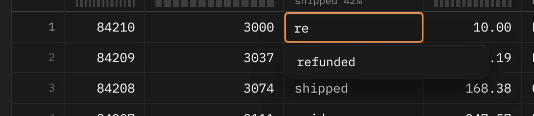 The status cell of an order open as an editor with re typed, and a list under it holding the one matching value, refunded.