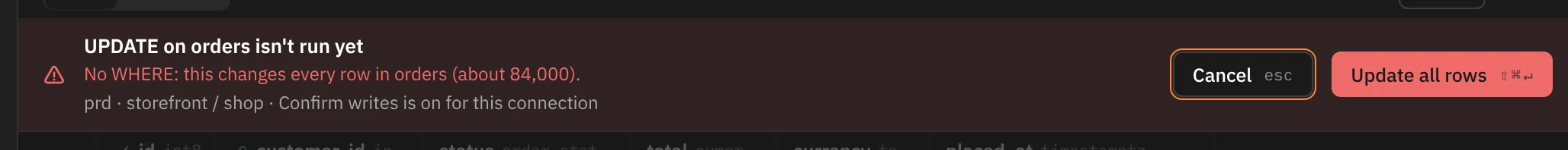A red held write: UPDATE on orders isn't run yet. No WHERE: this changes every row in orders (about 84,000). prd · storefront / shop · Confirm writes is on for this connection. Buttons Cancel esc and Update all rows ⇧⌘↵.