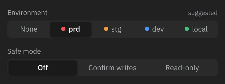 The connection form's Environment row with prd picked and marked suggested, and the Safe mode row with Off, Confirm writes and Read-only, Off picked.