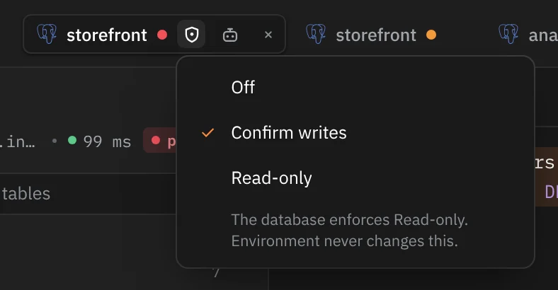 The Safe mode menu open under the shield in the shown window's pill: Off, Confirm writes (ticked) and Read-only, with the note The database enforces Read-only. Environment never changes this.