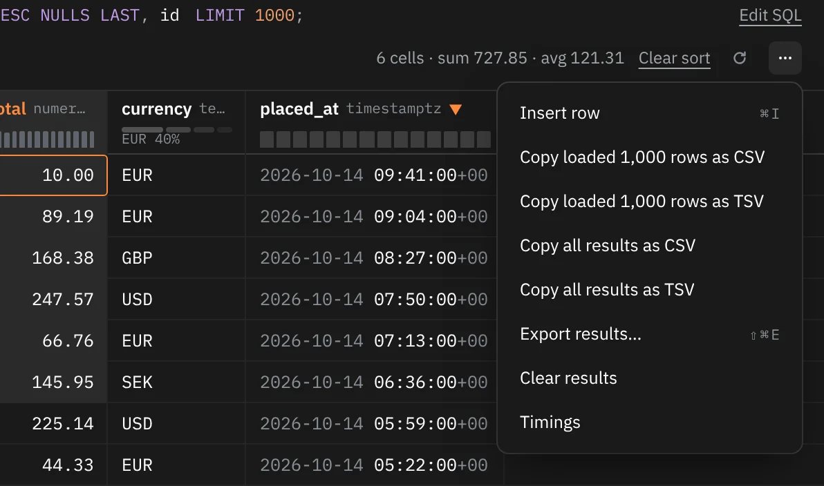 The … menu of the orders table: Insert row, Copy loaded 1,000 rows as CSV, Copy loaded 1,000 rows as TSV, Copy all results as CSV, Copy all results as TSV, Export results… ⇧⌘E, Clear results and Timings.