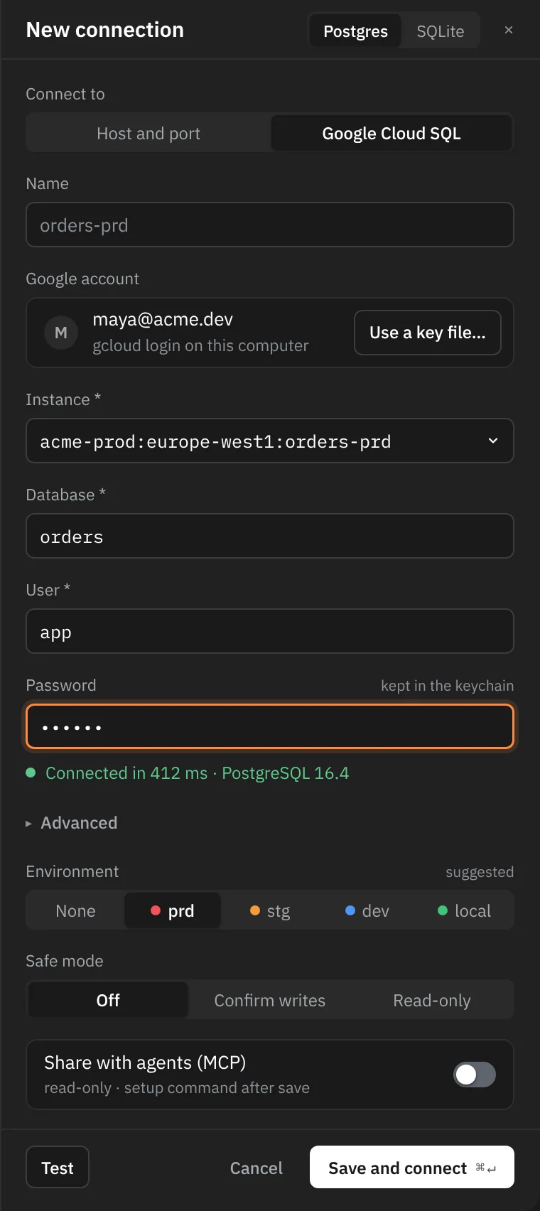 New connection with Connect to set to Google Cloud SQL: the Google account maya@acme.dev from the gcloud login on this computer with a Use a key file… button, the instance acme-prod:europe-west1:orders-prd, database orders, user app, a password kept in the keychain, and Connected in 412 ms · PostgreSQL 16.4.