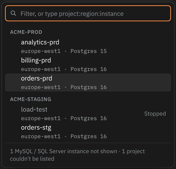 The instance picker: a filter field, then acme-prod with analytics-prd, billing-prd and orders-prd, and acme-staging with load-test (marked Stopped) and orders-stg, each with its region and Postgres version. The foot reads 1 MySQL / SQL Server instance not shown · 1 project couldn't be listed.