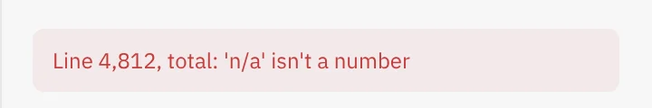 Line 4,812, total: 'n/a' isn't a number.