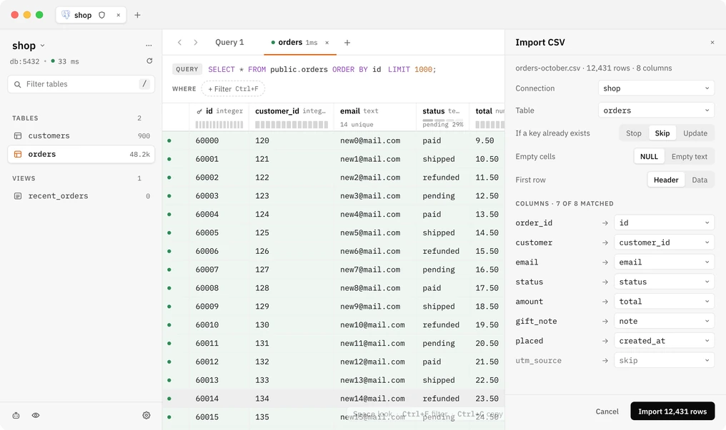 Import CSV beside the orders grid: orders-october.csv, 12,431 rows, 8 columns; Connection shop; Table orders; If a key already exists set to Skip; Empty cells set to NULL; First row set to Header; Columns 7 of 8 matched, with utm_source skipped; the file's first rows tinted in the grid; Cancel and Import 12,431 rows.