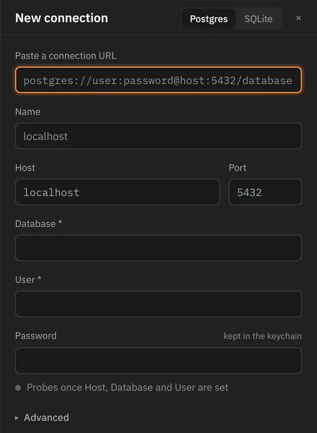The New connection form: a box to paste a URL, then name, host, port, database, user and password, which is kept in the keychain.