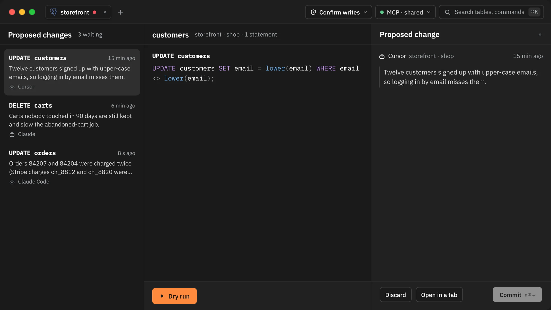 The review with three changes waiting: a list on the left with UPDATE customers from Cursor, DELETE carts from Claude and UPDATE orders from Claude Code, each with its reason and age; the first is open beside it.