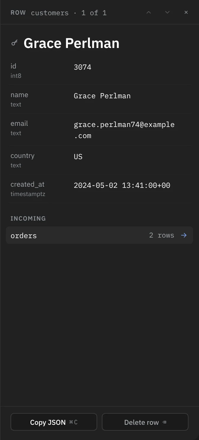 Quick Look on customer Grace Perlman: id, name, email, country and created_at, then Incoming: orders, 2 rows.