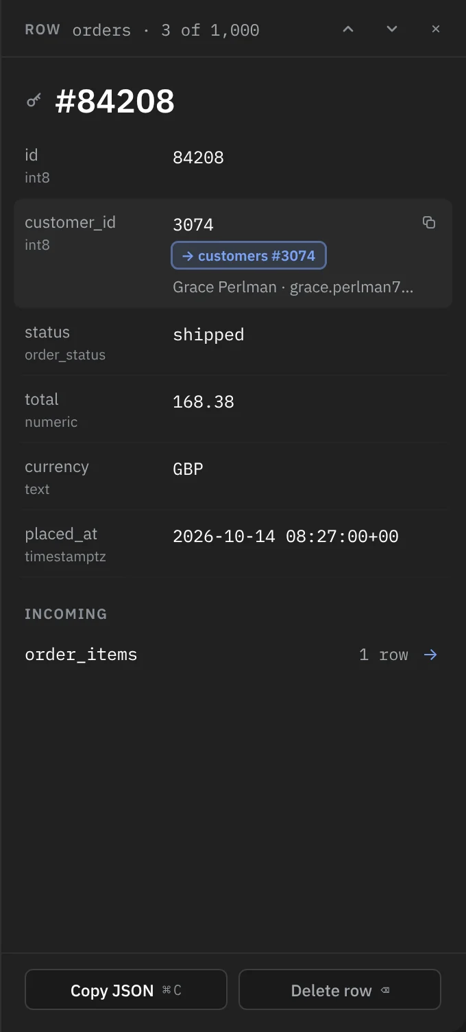 Quick Look on order 84208: a key icon and #84208 as the title, then id, customer_id, status, total, currency and placed_at with their types, a Copy JSON button and a Delete row button.