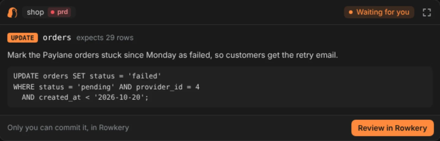 A proposed change in the chat: UPDATE orders, expects 29 rows, the agent's reason, the UPDATE statement, Waiting for you at the top right, and Review in Rowkery at the foot beside Only you can commit it, in Rowkery.