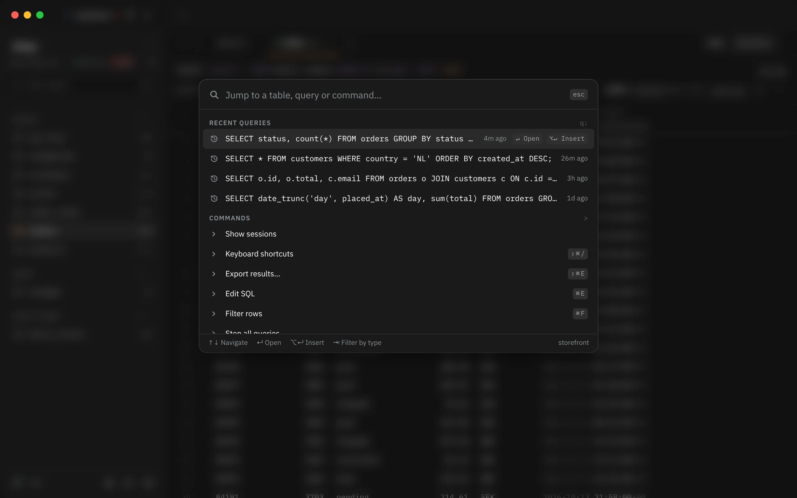 The ⌘K search open in the middle of the window over a blurred, dimmed window, before anything is typed: four recent queries with their age, then commands with their keys, the first row showing ↵ Open and ⌥↵ Insert.