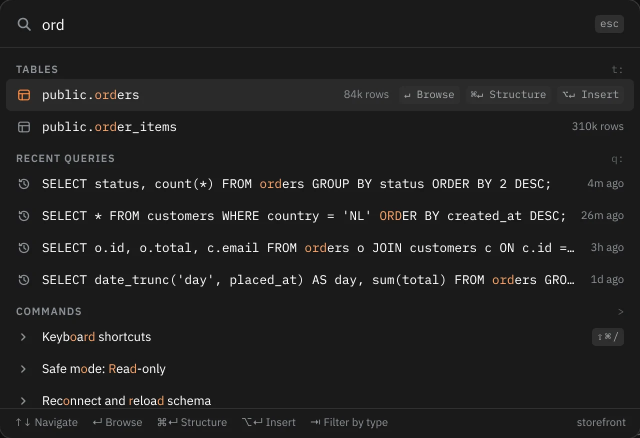 ⌘K with “ord” typed: Tables first (public.orders and public.order_items, with row counts), then recent queries that mention orders, then commands such as Keyboard shortcuts, with the matched letters in orange.