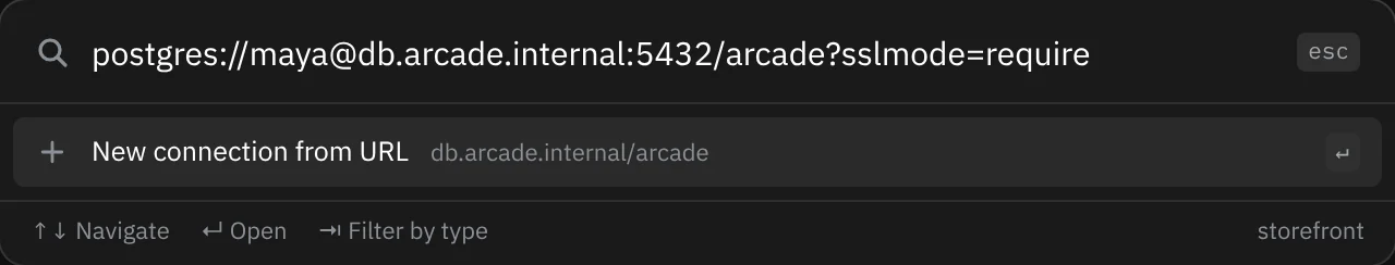 A postgres:// URL pasted into ⌘K: the only row is New connection from URL, db.arcade.internal/arcade, with ↵.
