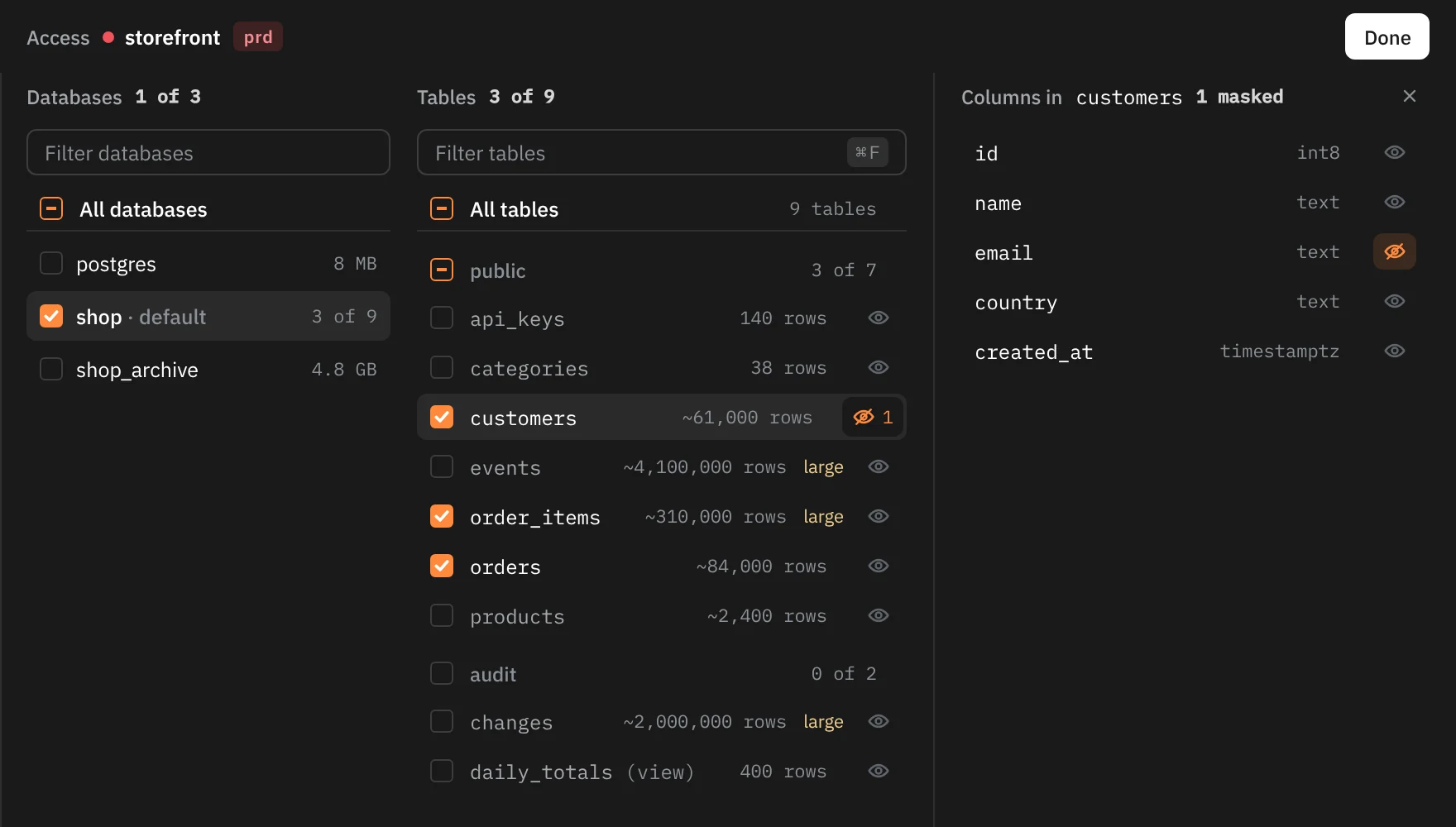 Edit access for storefront: the customers table row shows an orange crossed eye with 1, and beside the list, Columns in customers, 1 masked: id, name, email with its eye crossed out in orange, country and created_at.