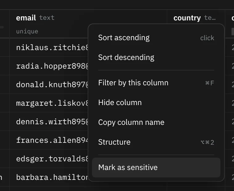The header menu of the email column on the customers table tab: sort, filter, hide, copy the name, Structure, and Mark as sensitive at the bottom.