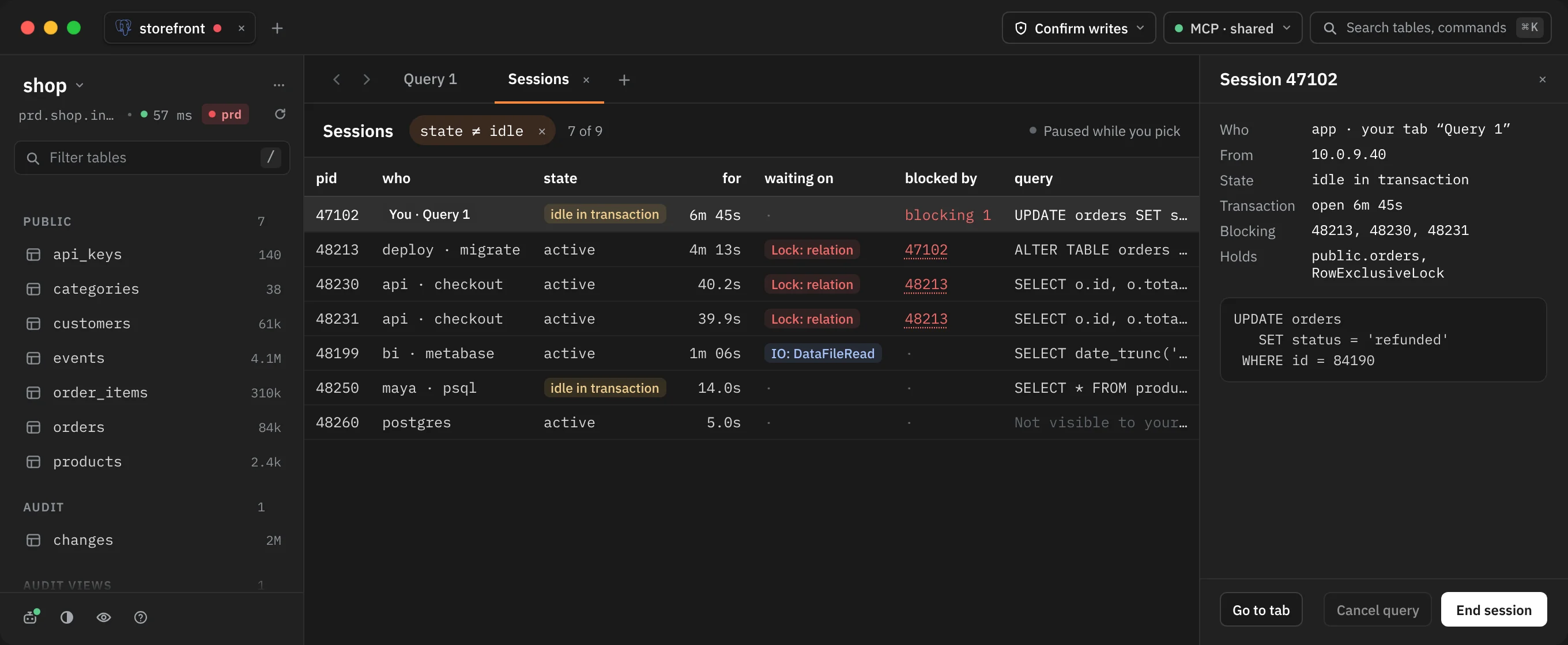 A picked session in the inspector, titled Session 47102: Who, From, State, Transaction, Blocking and Holds, then its query, with Go to tab, a disabled Cancel query and End session at the foot. The bar reads Paused while you pick.