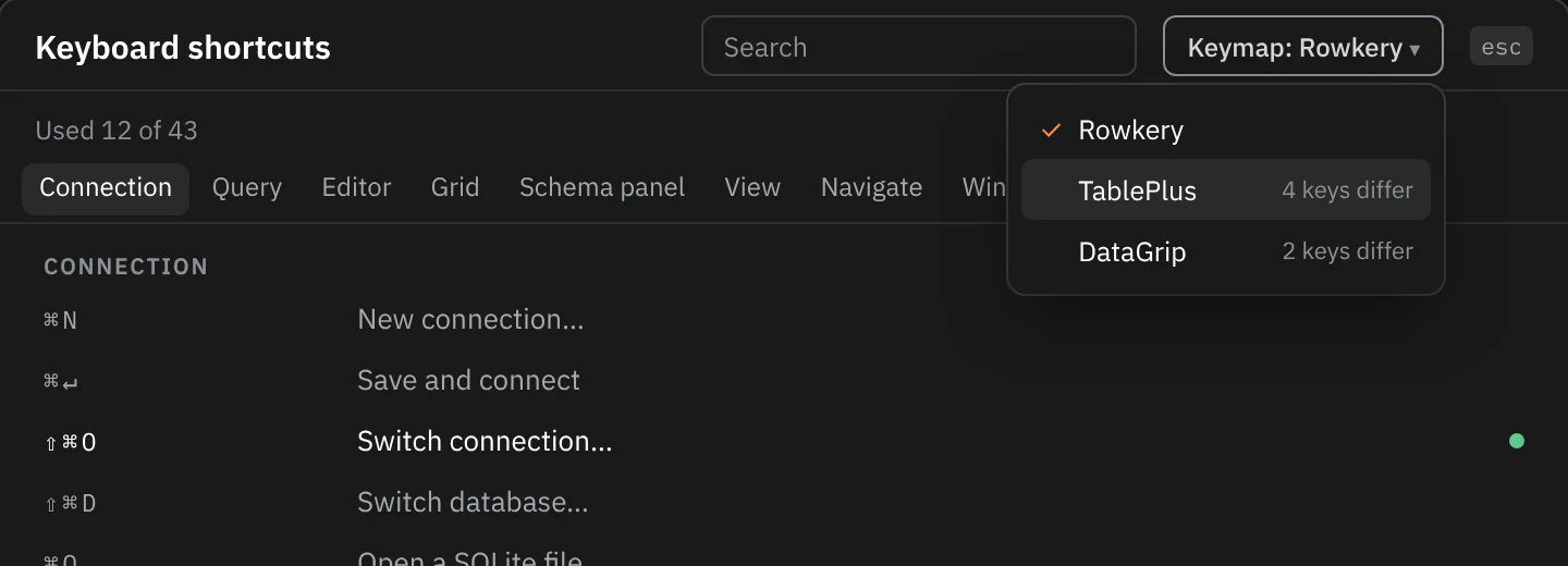 The shortcut sheet's keymap picker open: Rowkery checked, TablePlus (4 keys differ) and DataGrip (2 keys differ).