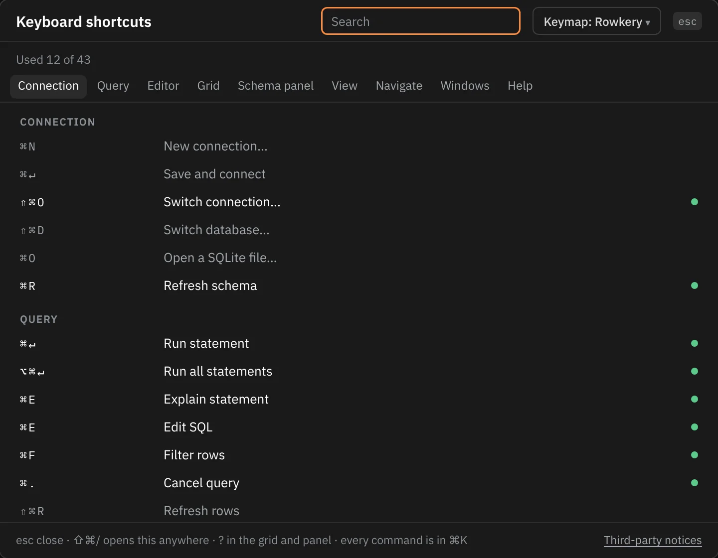 The Keyboard shortcuts sheet: a Search field, Keymap: Rowkery, Used 12 of 43, section links from Connection to Help, then the Connection and Query rows with their keys; used ones are bright with a green dot.