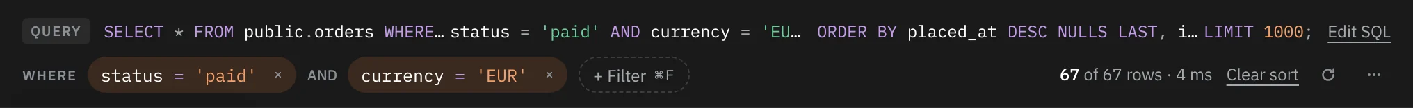 The QUERY and WHERE lines with two filters, status = 'paid' AND currency = 'EUR', reading 67 of 67 rows.