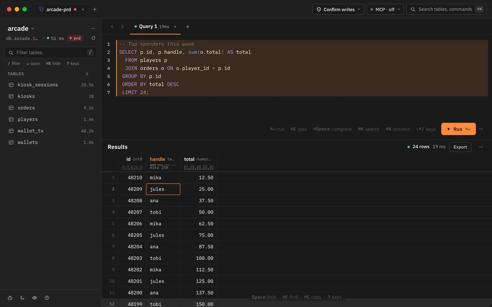 A Rowkery window: the arcade database's tables on the left, a query in the editor and its 24 rows below.