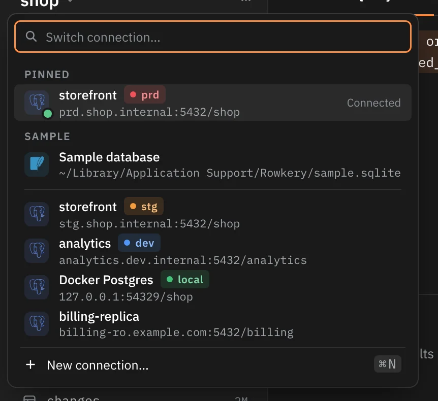 The Switch connection picker: storefront prd under Pinned and marked Connected, the Sample database under Sample, then storefront stg, analytics dev, Docker Postgres local and billing-replica, with New connection… ⌘N at the foot.