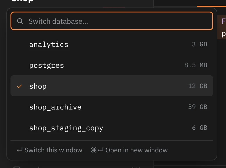 The Switch database picker listing analytics, postgres, shop (ticked), shop_archive and shop_staging_copy with their sizes, and ↵ Switch this window, ⌘↵ Open in new window at the foot.
