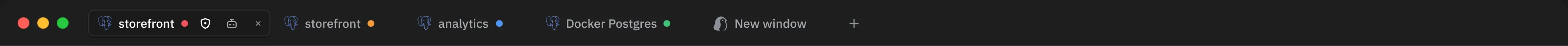 The title bar with five window pills: storefront with a red dot (shown), storefront with an orange dot, analytics with a blue dot, Docker Postgres with a green dot and an empty New window with the penguin, then +. The shown pill also carries its safe mode shield and an agent mark.